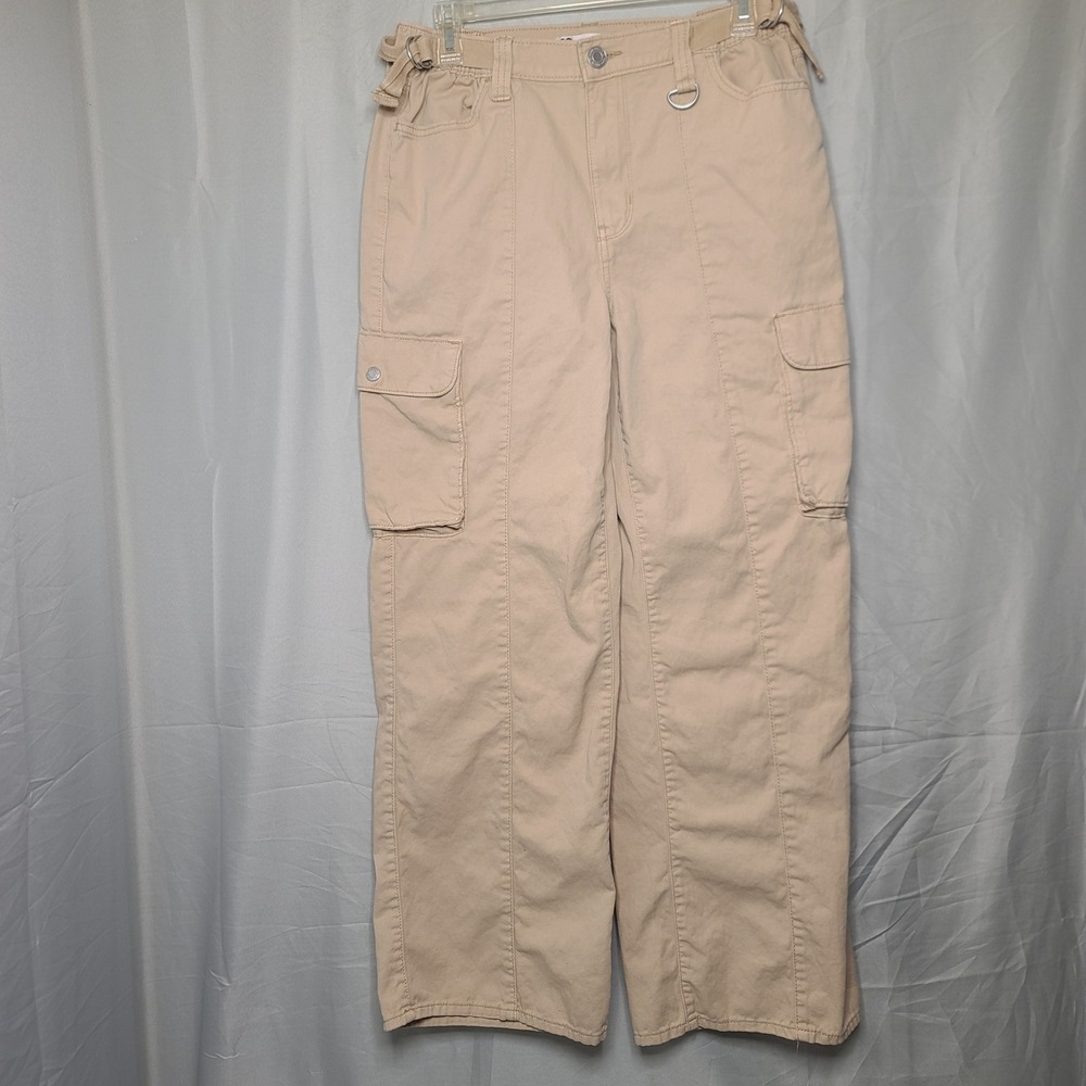 SO Cargo Wide Leg Pants Womens Medium Tan High Rise 100% Cotton Side Cinch Waist
